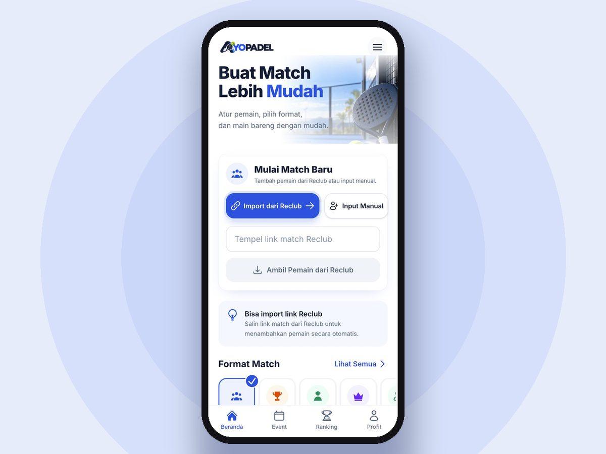Buat match: import pemain dari link Reclub atau input manual