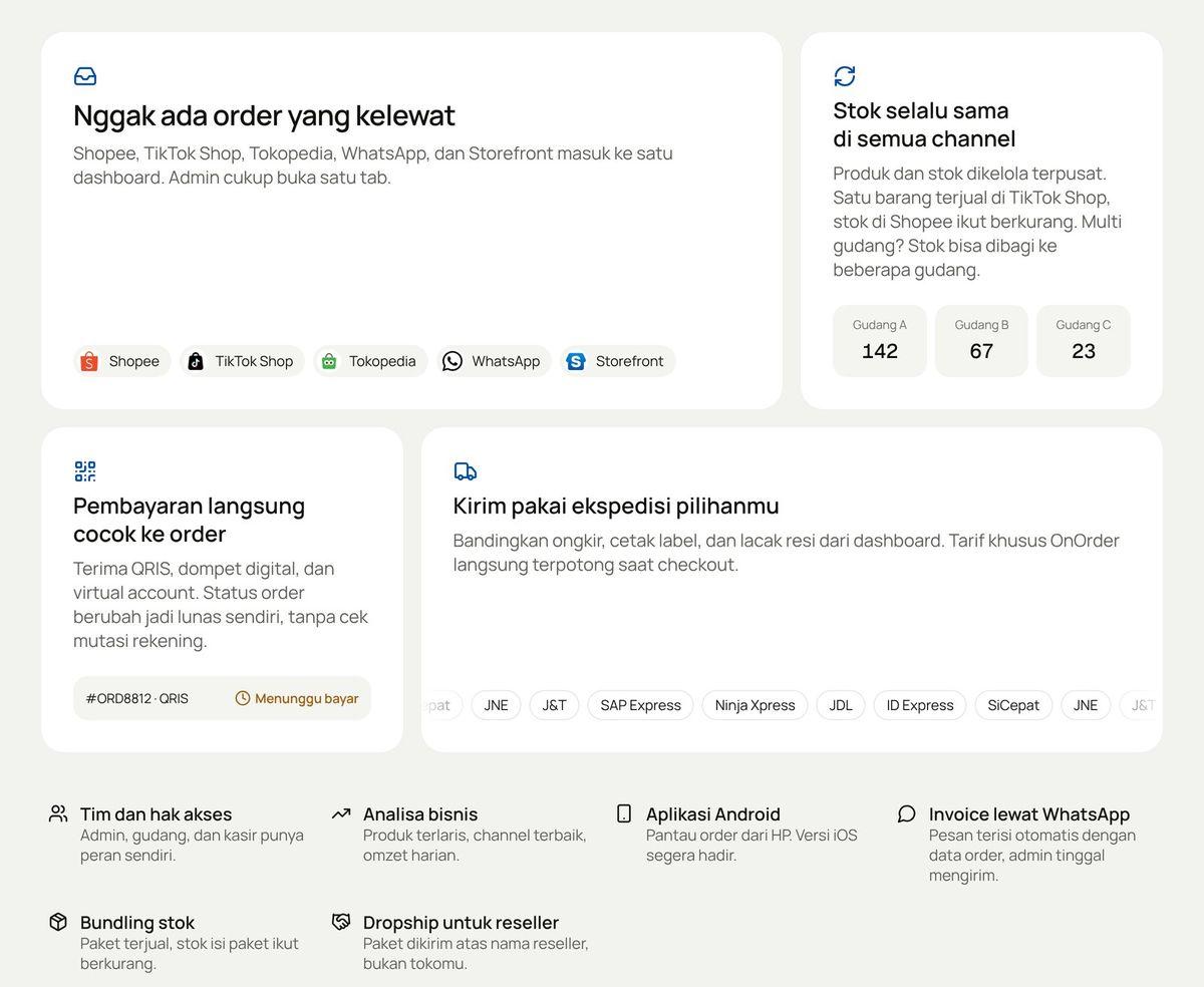 Fitur inti: order, stok, pembayaran, dan pengiriman dalam satu dashboard